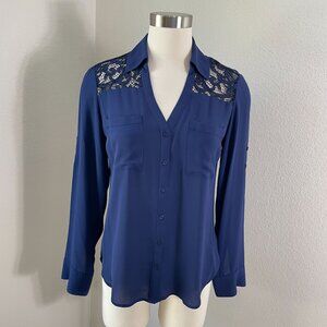 Express Portofino Shirt Womens Small Slim Fit Lace Detail Blue Button Up‎ Blouse